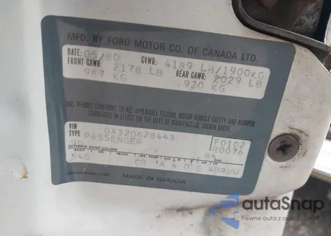 1980 Mercury Zephyr z USA, uszkodzony, nr VIN 0000000X32D628443